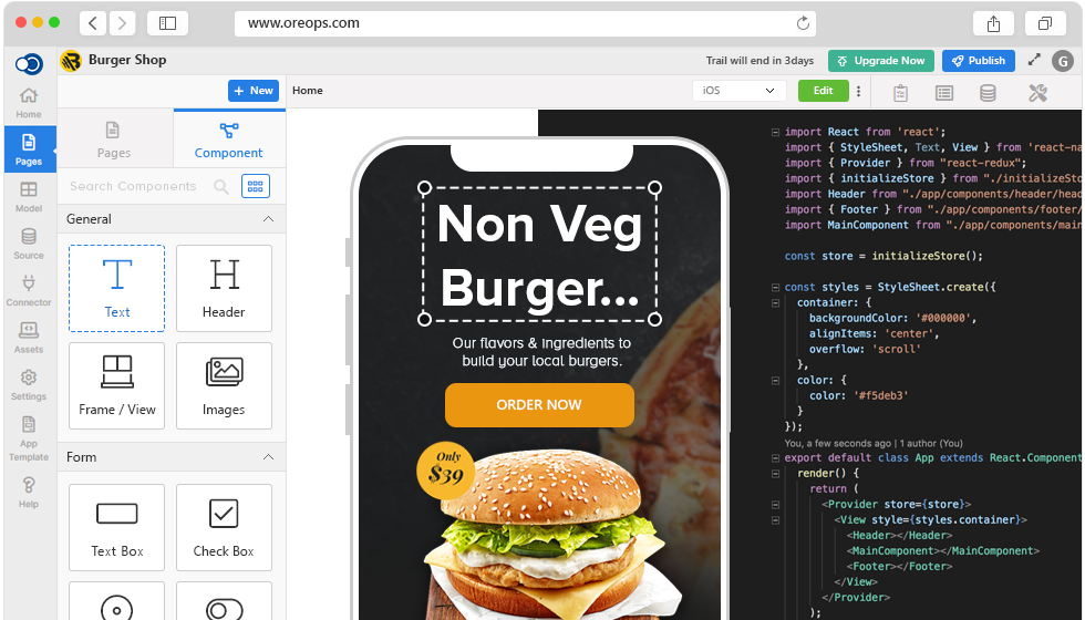 Develop Android & iOS apps in a jiffy without writing a single line of code, using our react-native development platform. OREOPS low code enables you to take full control of your mobile app!